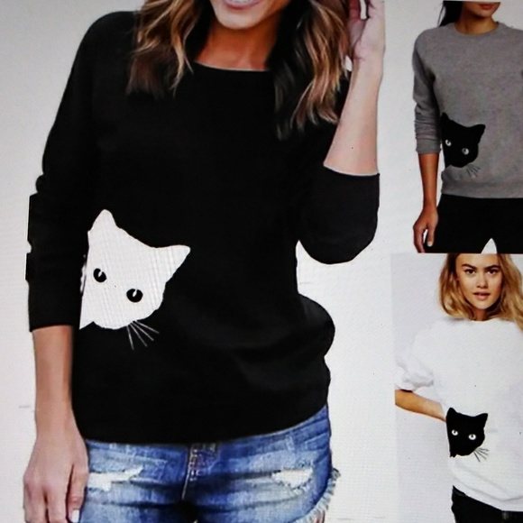 Black and White Cat Sweatshirt Sweater - Picture 6 of 6
